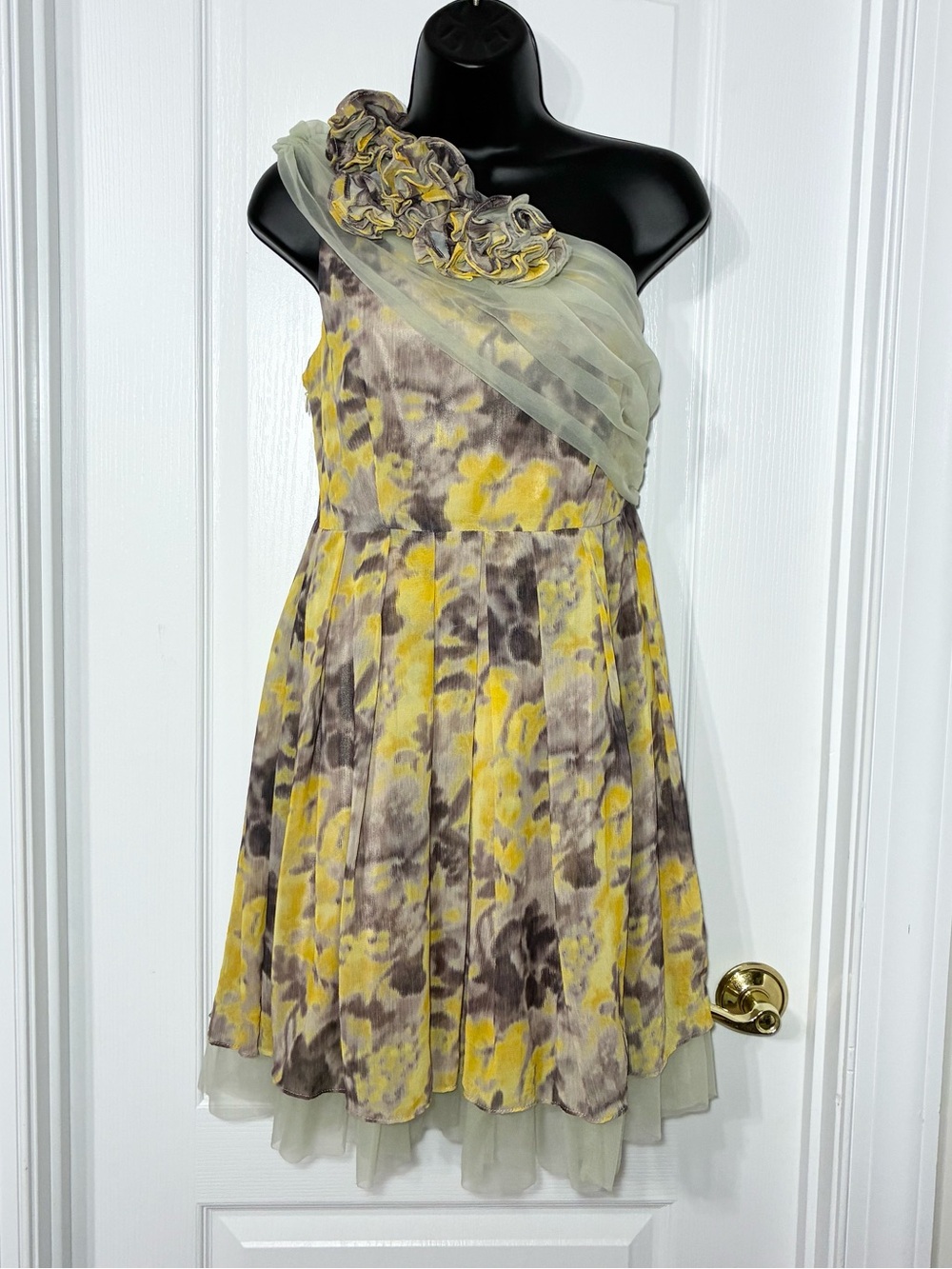 Ryu One Shoulder Floral Chiffon Mini Dress Tulle Trim Rosette Shoulder Small